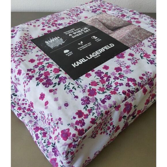 Karl Lagerfeld White Purple Floral TWIN Washed Super Soft 4 Piece Sheet Set - Picture 5 of 9
